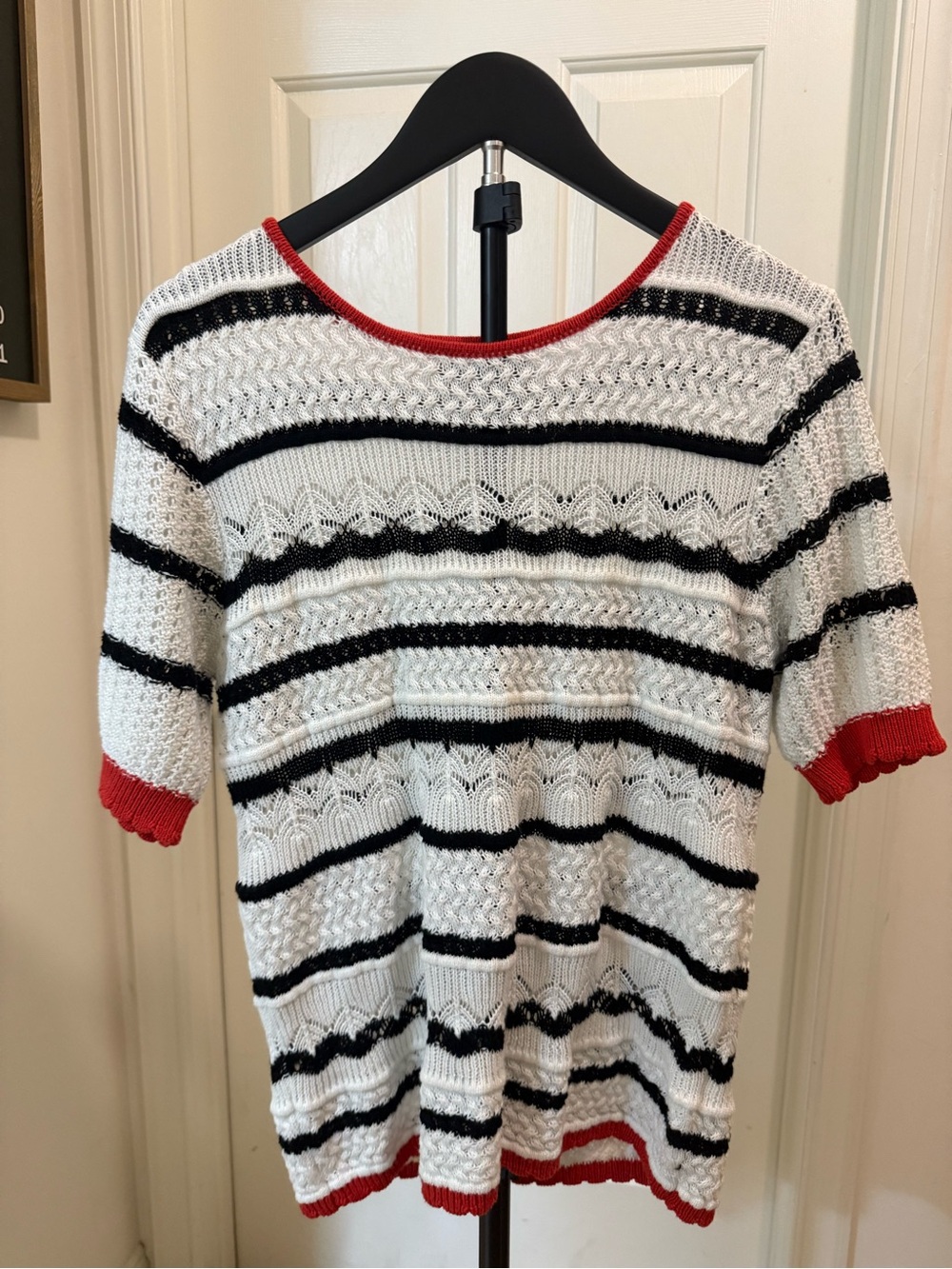 Amazon Women's Short Sleeve Striped Knit Top in White, Black & Red